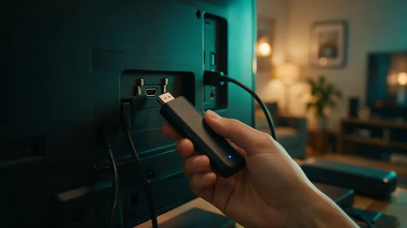 Main branchant une clé de streaming HDMI à l'arrière d'un téléviseur mural