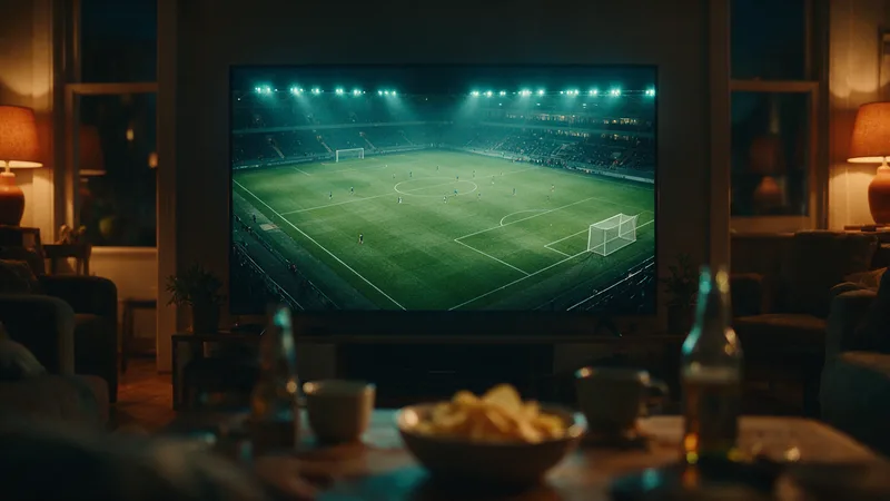 Téléviseur de salon diffusant un match de football nocturne vu d'une caméra haute