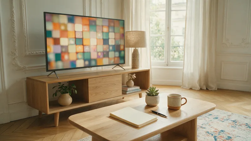 Téléviseur affichant une mosaïque floue de vignettes de chaînes, un carnet et un stylo posés sur la table basse