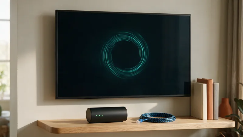 Téléviseur mural affichant un cercle de chargement, box internet et câble Ethernet posés sur une étagère