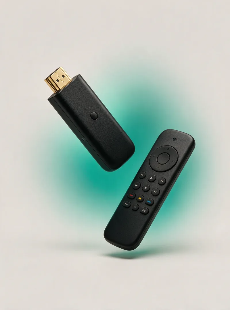 Clé HDMI de streaming et sa télécommande sur fond clair