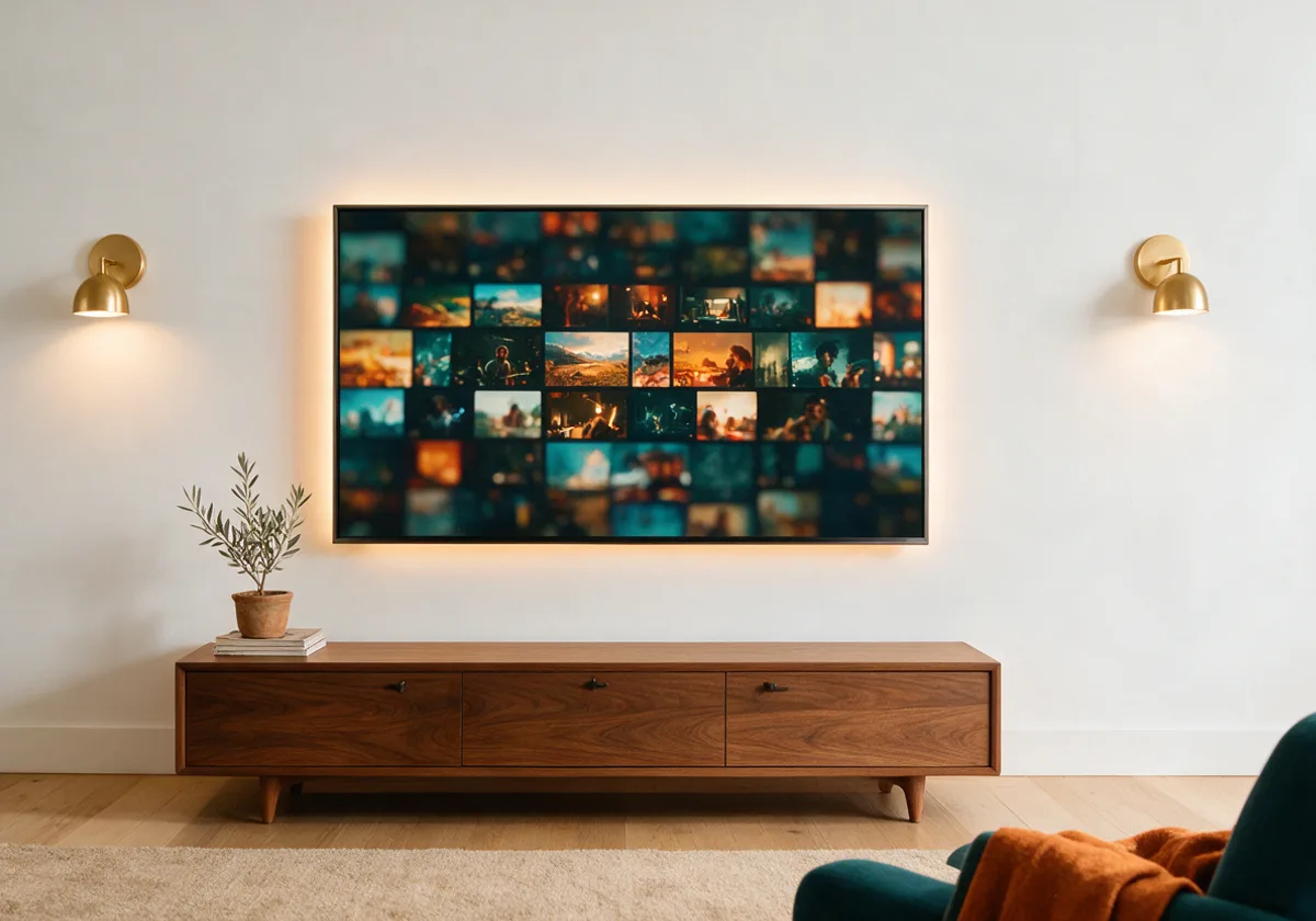 Téléviseur affichant une grille de vignettes de films et de séries