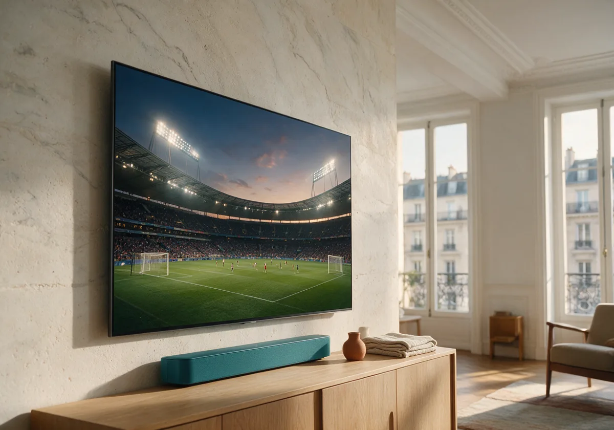 Téléviseur 4K dans un salon lumineux diffusant un match de football en direct