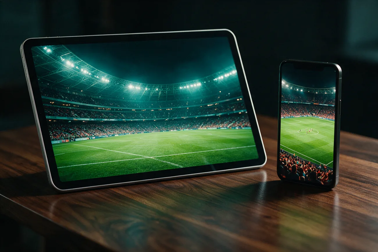 Tablette et téléphone diffusant un match de football nocturne sous deux angles